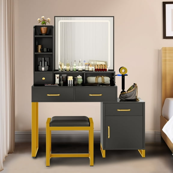 Dextrus Makeup Vanity with Mirror, Lights and Drawers, 3 Lighting Color Options, Black