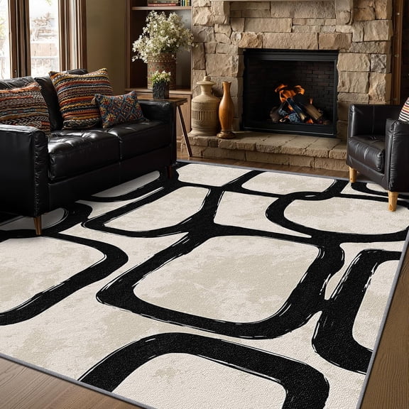 Modern Minimalist Area Rugs, Black Beige Abstract Geometric Carpet, Washable Non Slip Low Pile Soft Rug for Living Room Bedroom Decor Mat 2ftx3ft