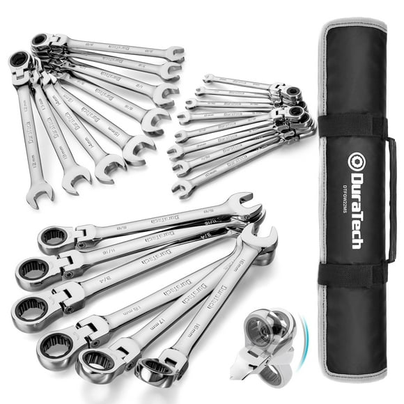 DURATECH Ensemble de Clés à Cliquet à Tête Flexible, Ensemble de Clés Combinées, 22 Pcs, Métrique et SAE, 1/4 Pouces à 3/4 Pouces et 6-18 mm, Acier CR-V, Poli Miroir, avec Po