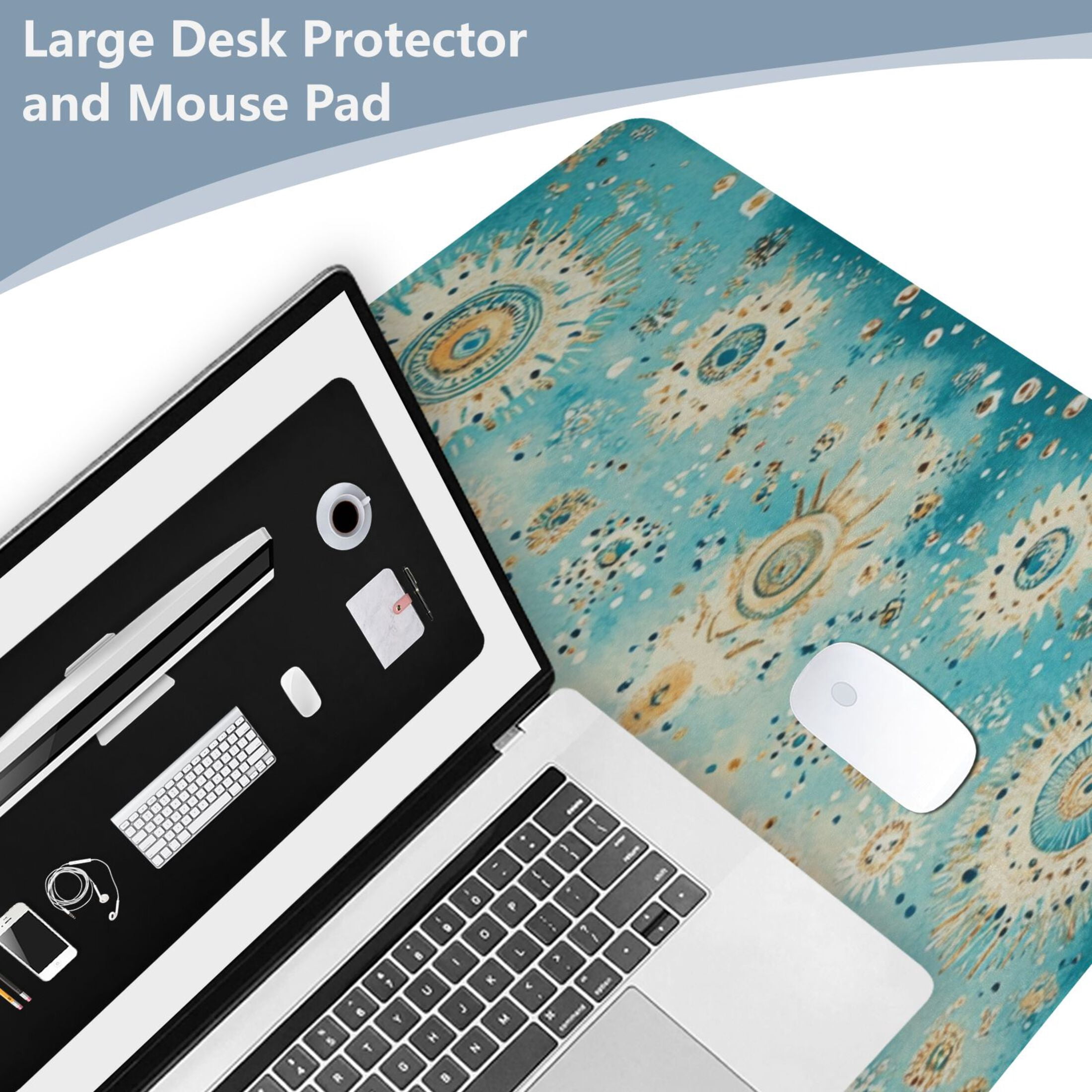 Wobogo Moroccan Style Pattern Gaming Mouse Pad Non-slip Leather Desk Mat Water Resist Keyboard Pad for Gamer Office 16.5×35.4in