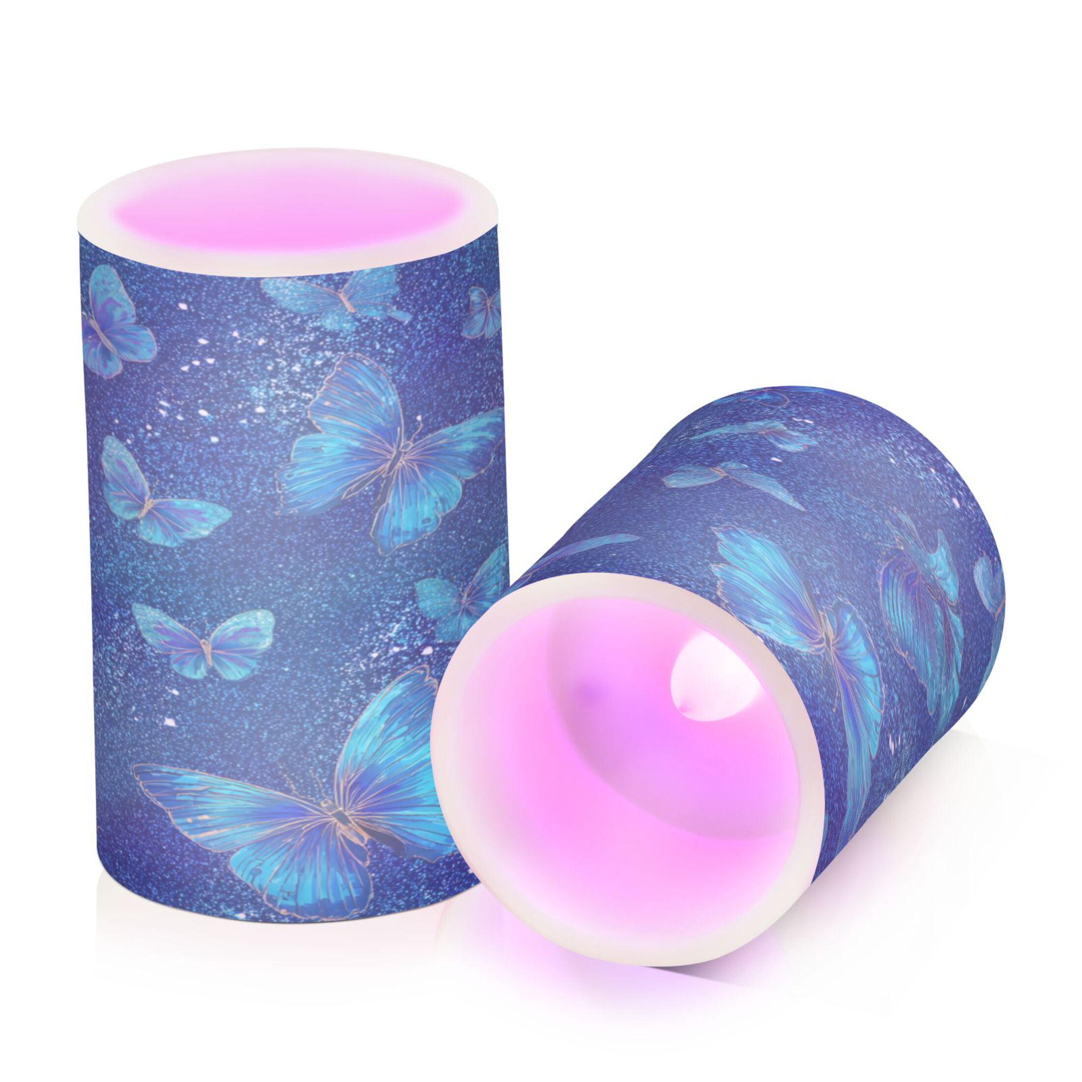 2 PCS LED Flicker Flameless Candle with Remote Control Realistic 3D Wick LED Window Decoration Candle Set for Wedding Table Home Decor Favors Blue Glitter Butterfly
