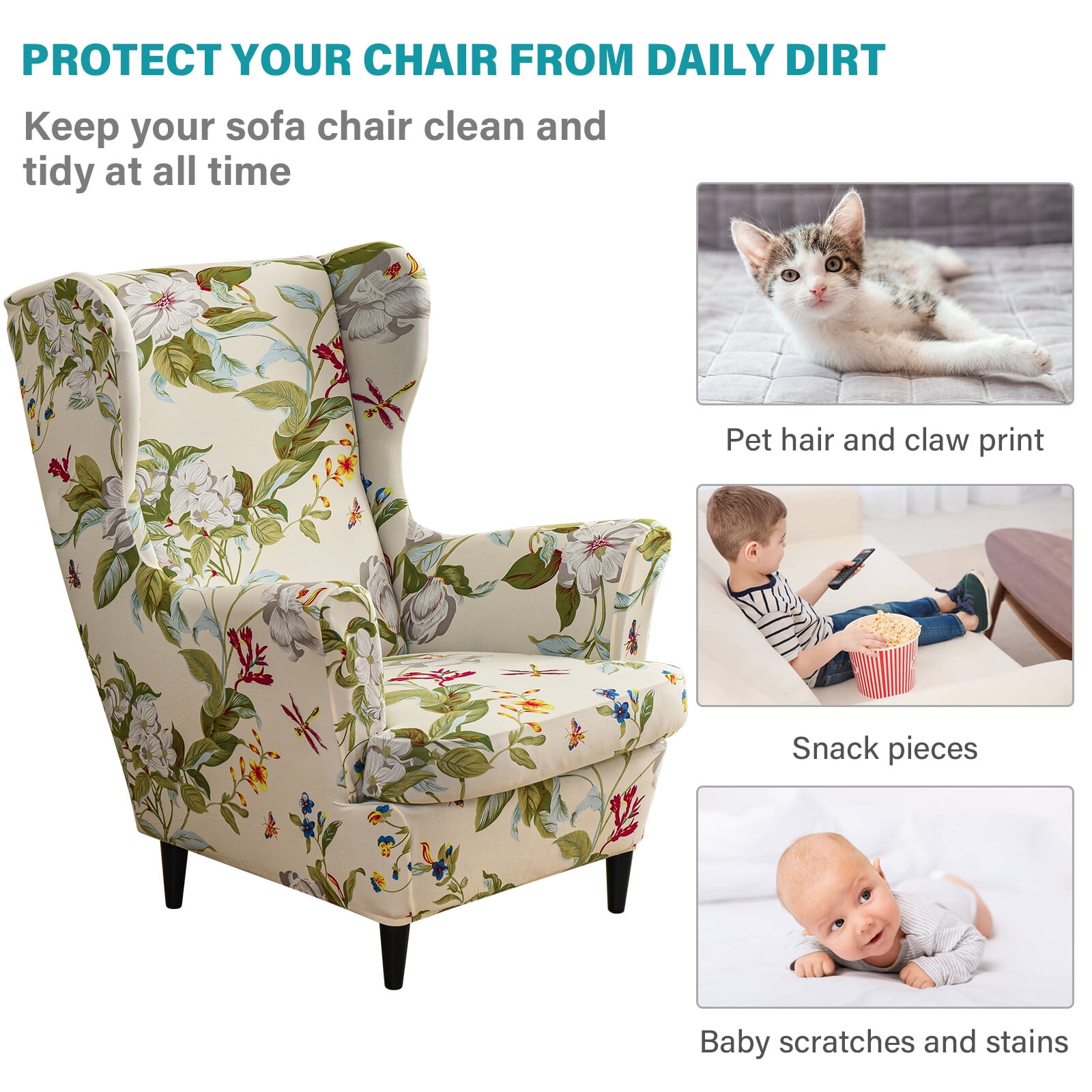 TOPCHANCES 2-Piece Wingback Chair Cover, Stretch Armchair Slipcover Wing Chair Sofa Covers, Beige Floral