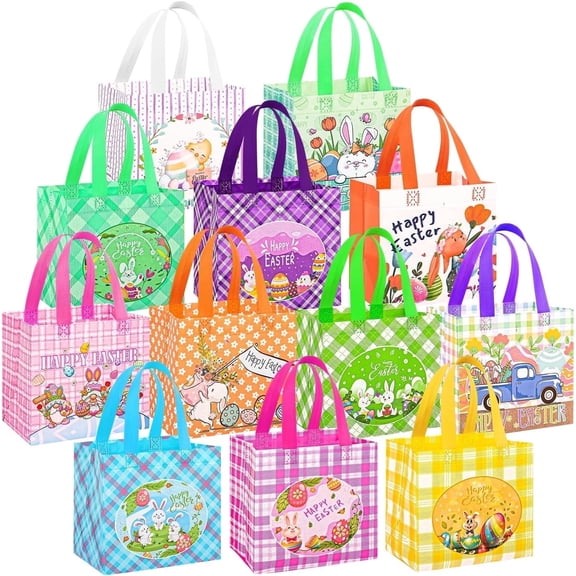 12Pack Easter Egg Hunt Bags, 8.3×7.9×6 inch Easter Bags Bulk, Non-Woven Easter Gift Bags, 12 Unique Patterns Easter Baskets for Kids
