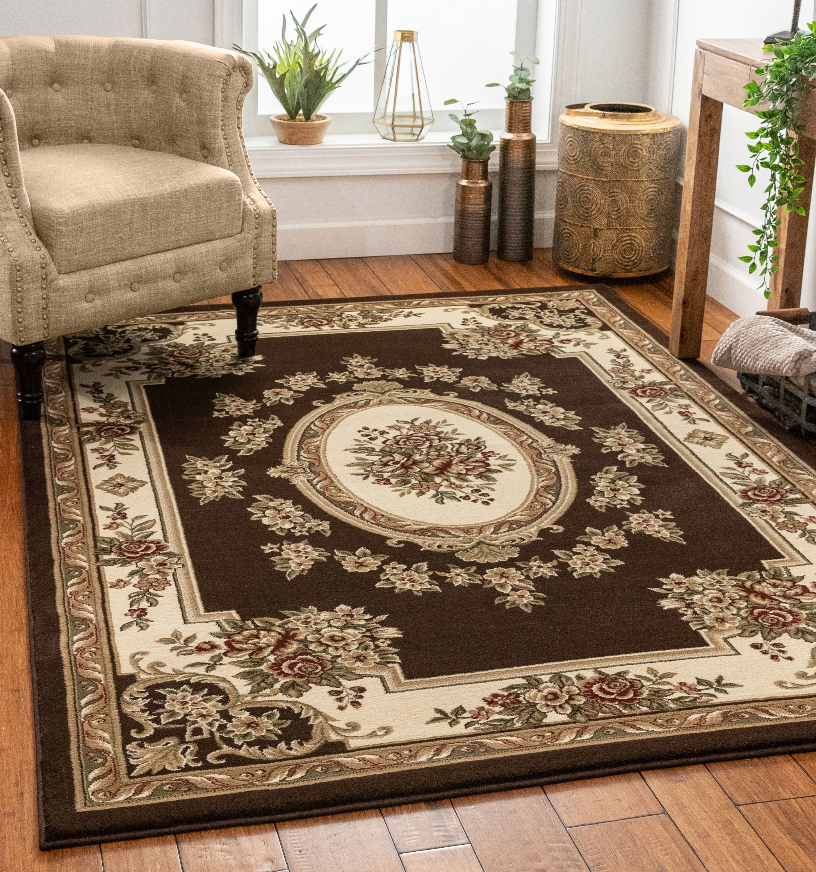 Pastoral Medallion Brown French 5x7 (5'3" x 7'3") Area Rug European