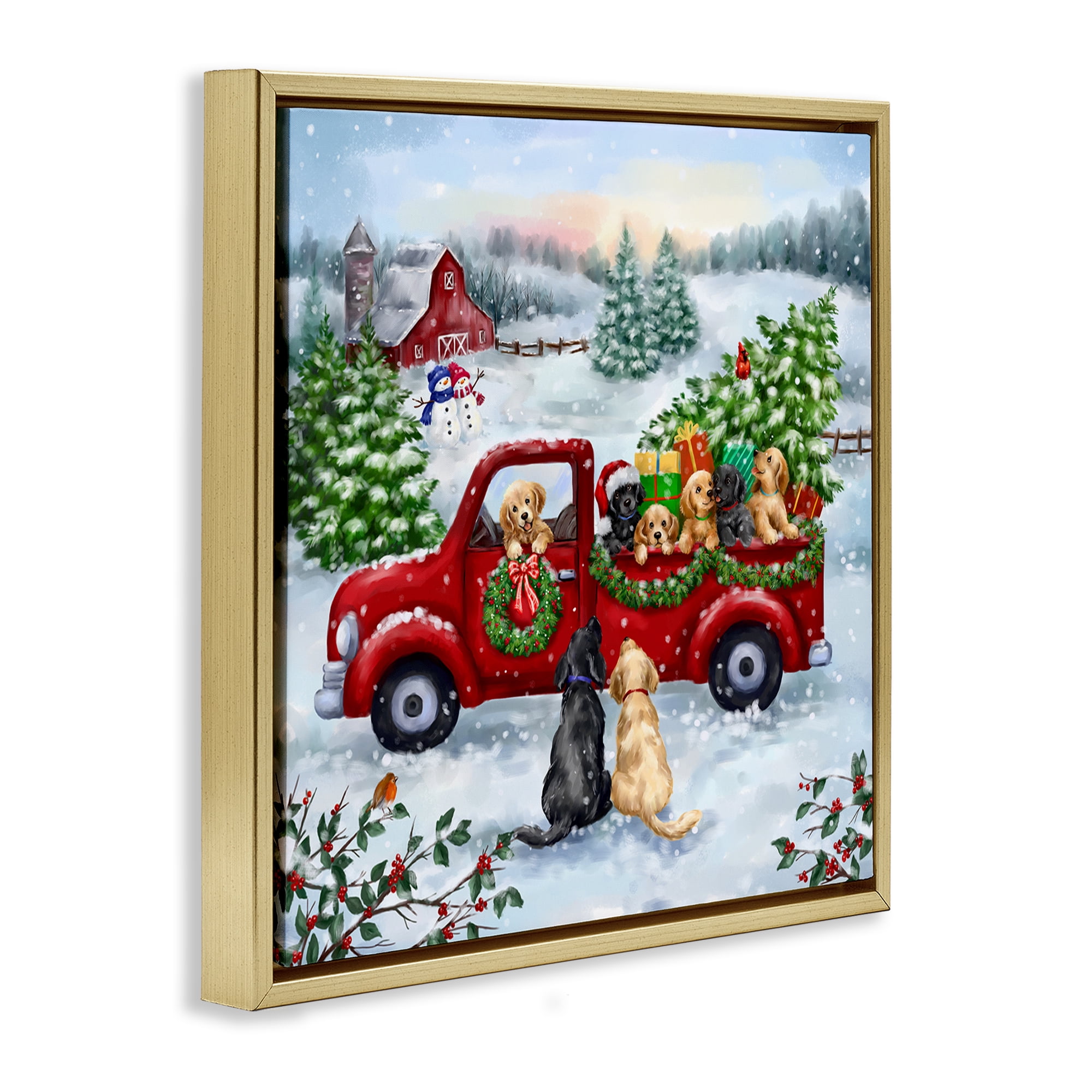 Stupell Industries Holiday Truck & Tree Holiday Painting Gold Floater Framed Canvas Art Prints Wall Art, 18 x 18