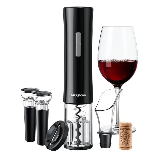 muson abridor de vino eléctrico, sacacorchos automático con cortador de papel de aluminio, 2 tapones de vacío, aireador, abridor de botellas de vino, juego de regalo 4 en 1 con pilas para la cocina ca