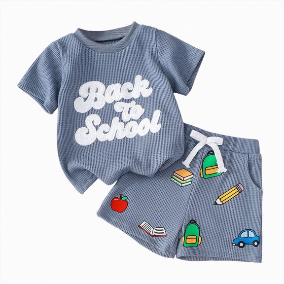 Nwiuh Toddler Boy Back to School Outfit Embroidered Short Sleeve T-shirt and Shorts Set Pre K First Day of School Clothes (Blue, 6-12 Months)