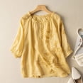 thumbnail image 2 of WHEANG Cotton Linen Boho Tops for Women Embroidered Floral Layered Shirt Dressy Casual 3/4 Sleeeve Button Down Tunic Blouses Tops Women's Short Sleeve Top Size M Yellow, 2 of 4