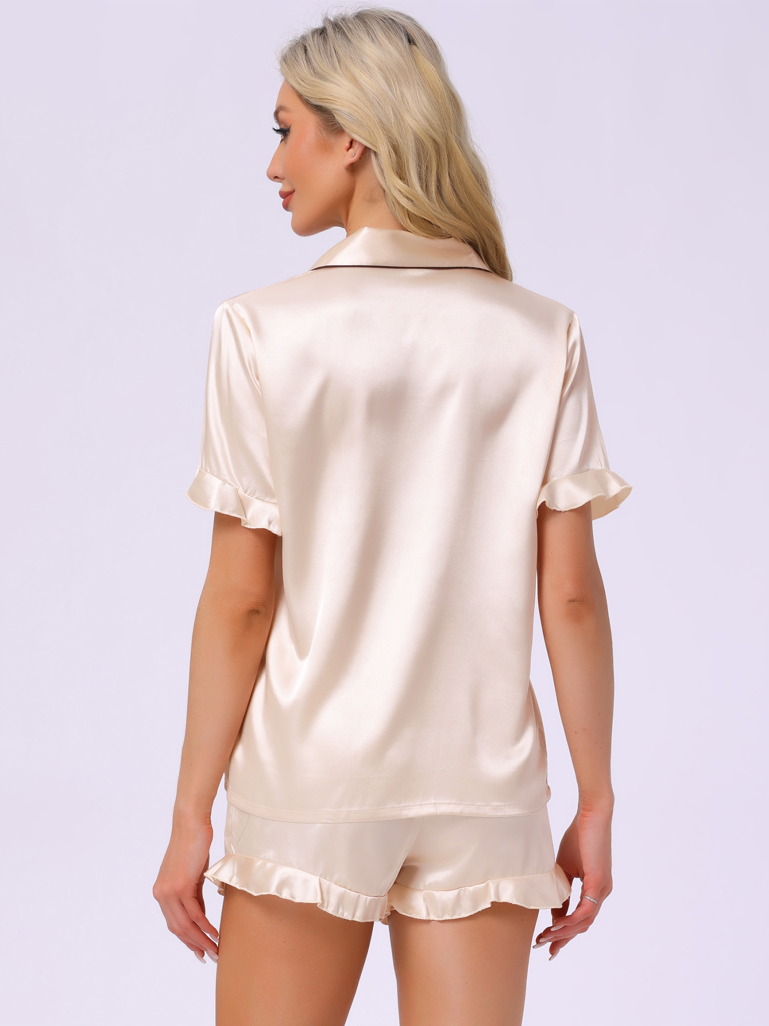 DARING DIVA Silky Short Sleeve Shorts Button Down  Satin Pajamas Set XL Champagne