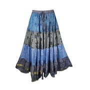 Mogul Womens Maxi Skirt Vintage Recycled Sari Full Flare Golden Border A-Line Printed Boho Chic Gypsy Hippie Tiered Long Skirts