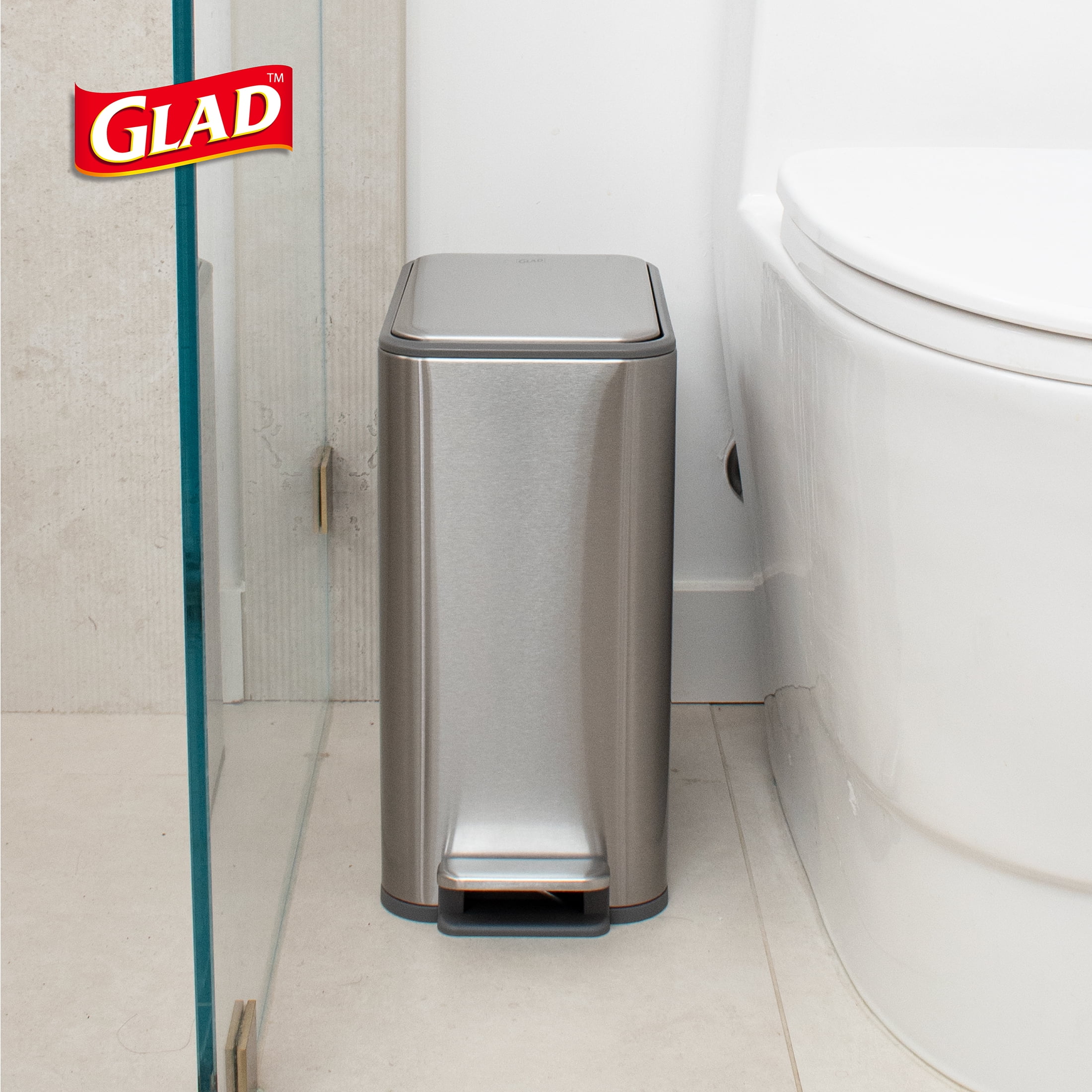 Glad 2.6 Gallon Slim Stainless Steel Step Garbage Bin with Odor Control- Silver