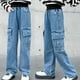 thumbnail image 4 of Odeerbi 3-14 Años Niñas Jeans de Carga Pantalones de Vaquero Lindos de Primavera Verano de Cintura Elástica Pantalones de Longitud Completa de Vaquero Con Bolsillo, 4 of 7