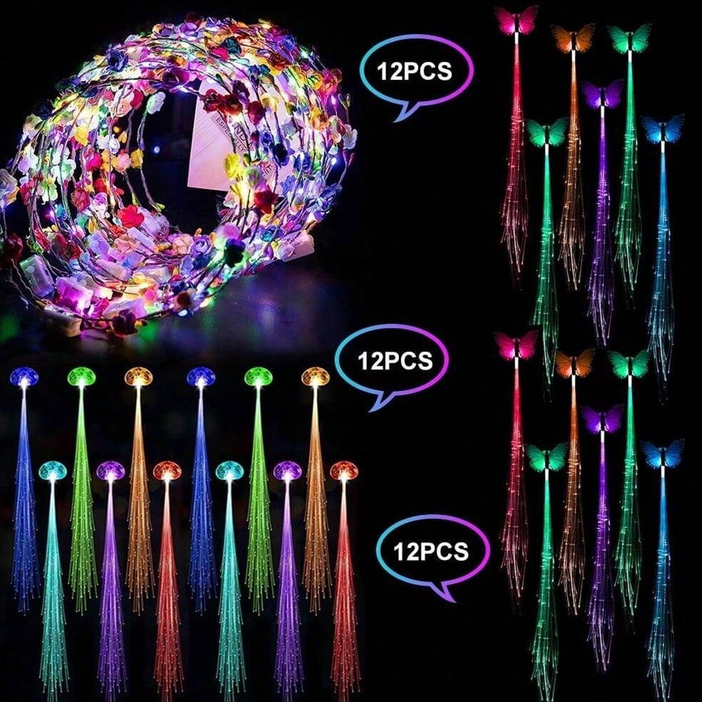 36pcs light-up headwear (12* light-up headbands, 12* transparent light-up braids, 12* light-up butterfly braids) suitable for parties, weddings, birthdays, photography, camping trips, and concerts