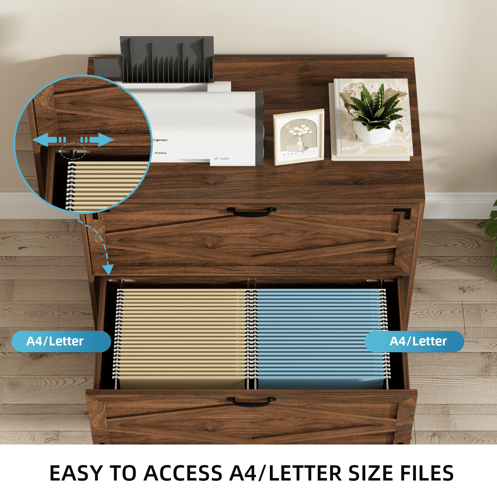 RichYa 2 Drawer Wood Lateral File Cabinet, Large Filing Cabinet for Home Office, Fits A4/Letter Size Files, Brown