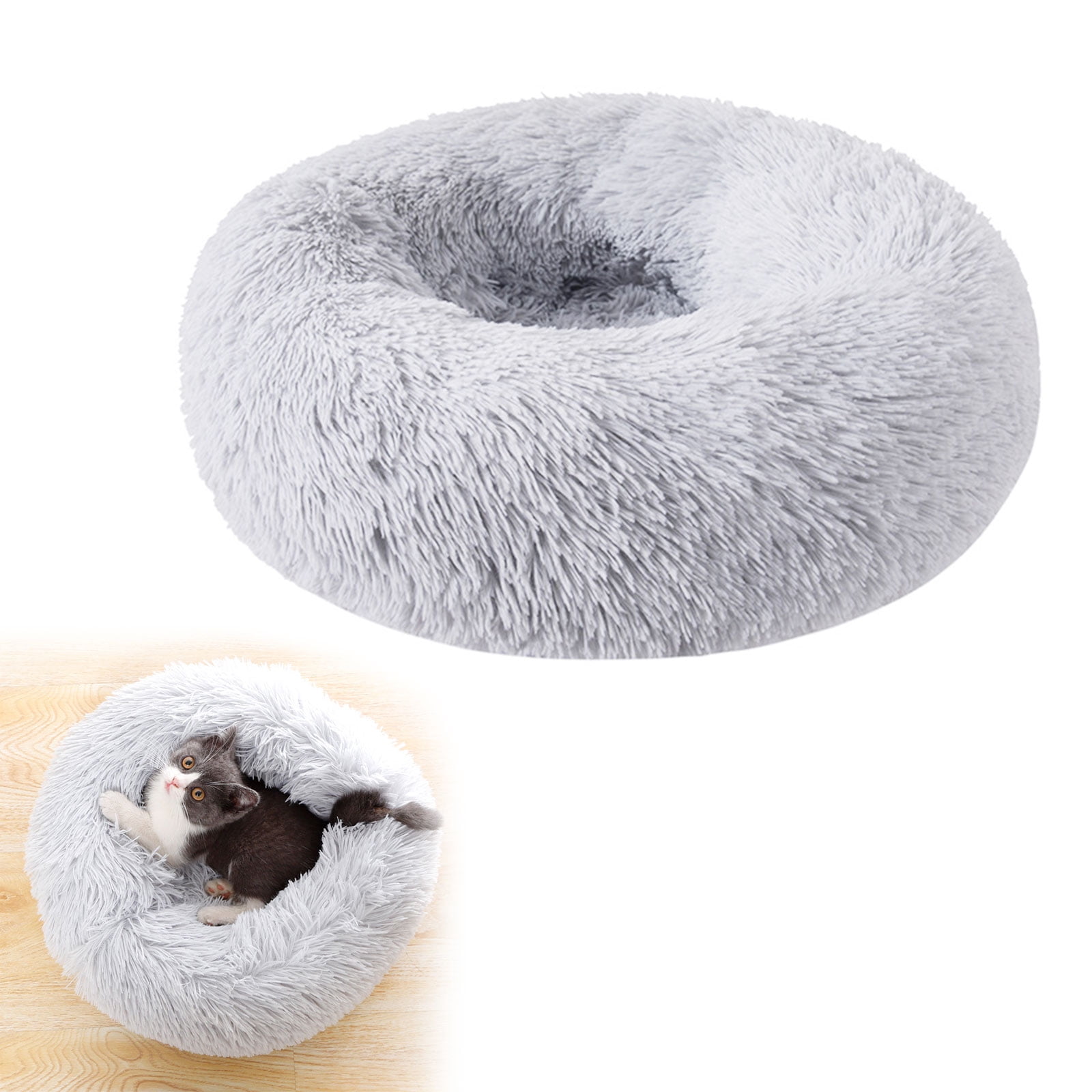 Cat Bed for Indoor 20inch Anti Anxiety Donut Calming Bed Fluffy Soft Round Plush Cushion Bed for Small Medium Dogs and Cats Light Gray