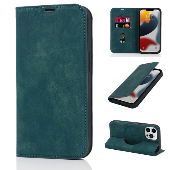 Allytech Wallet Case for iPhone 13 Pro 6.1" Compatible with MagSafe, Support Wireless Charger Vegan PU Leather Flip Magnetic Stand Case with Card Holders [RFID Blocking], Blue