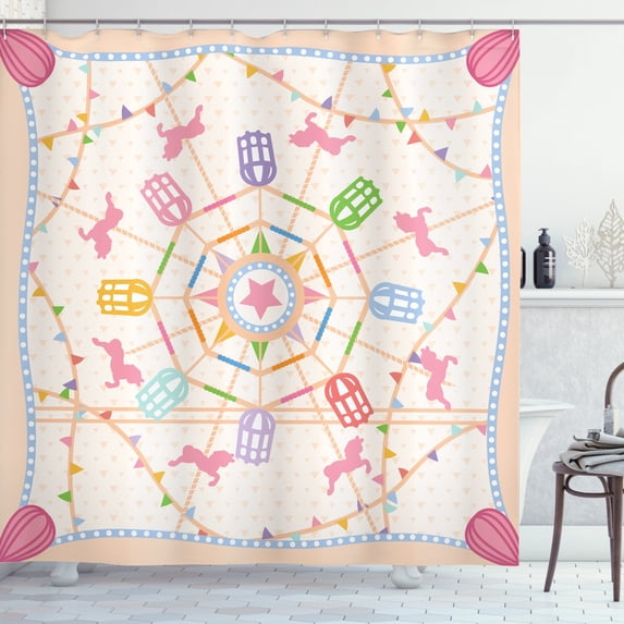 Ferris Wheel Shower Curtain, Abstract Circus Theme Flattened Ferris Wheel and Merry-Go-Round Attractions, Fabric Bathroom Set with Hooks, 69W X 84L Inches Extra Long, Multicolor, by Ambesonne
