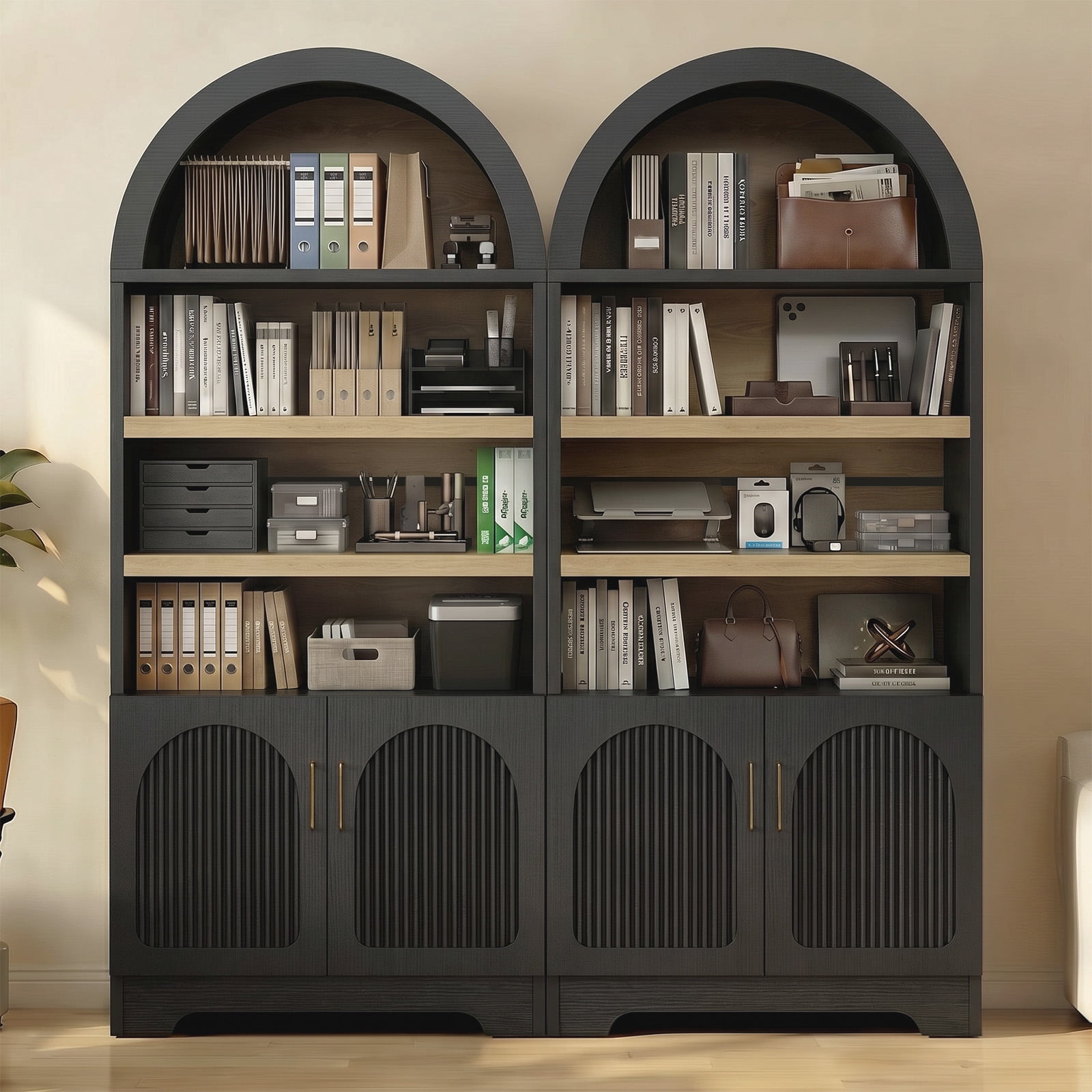 Bestier 71" Tall Kitchen Pantry Storage Cabinet, 4-Tier Arched Bookshelves with 3 Adjustable Shelves & 2 Doors, Display Shelf with Storage for Living Room Home Office, Black