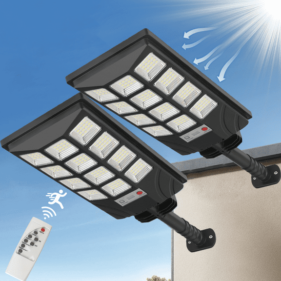 Solar Street Lights Outdoor Waterproof, 6500K Motion Sensor Solar Powered Street Light, Dusk to Dawn Solar Flood Lights with Remote Control for Outside Garden Yard Outside Parking Lot-2 Pack