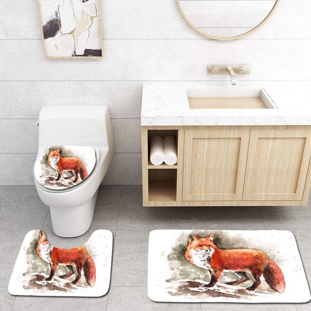 ABPHQTO Zorro Acuarela Dibujado Mano Zorro Rojo Con Pinceladas Cola Tupida Tod Mamífero Juego de alfombras de baño de 3 piezas Alfombra de baño Alfombra de contorno y tapa de inodoro ABPHQTO Cont-CHAPPLE-33314
