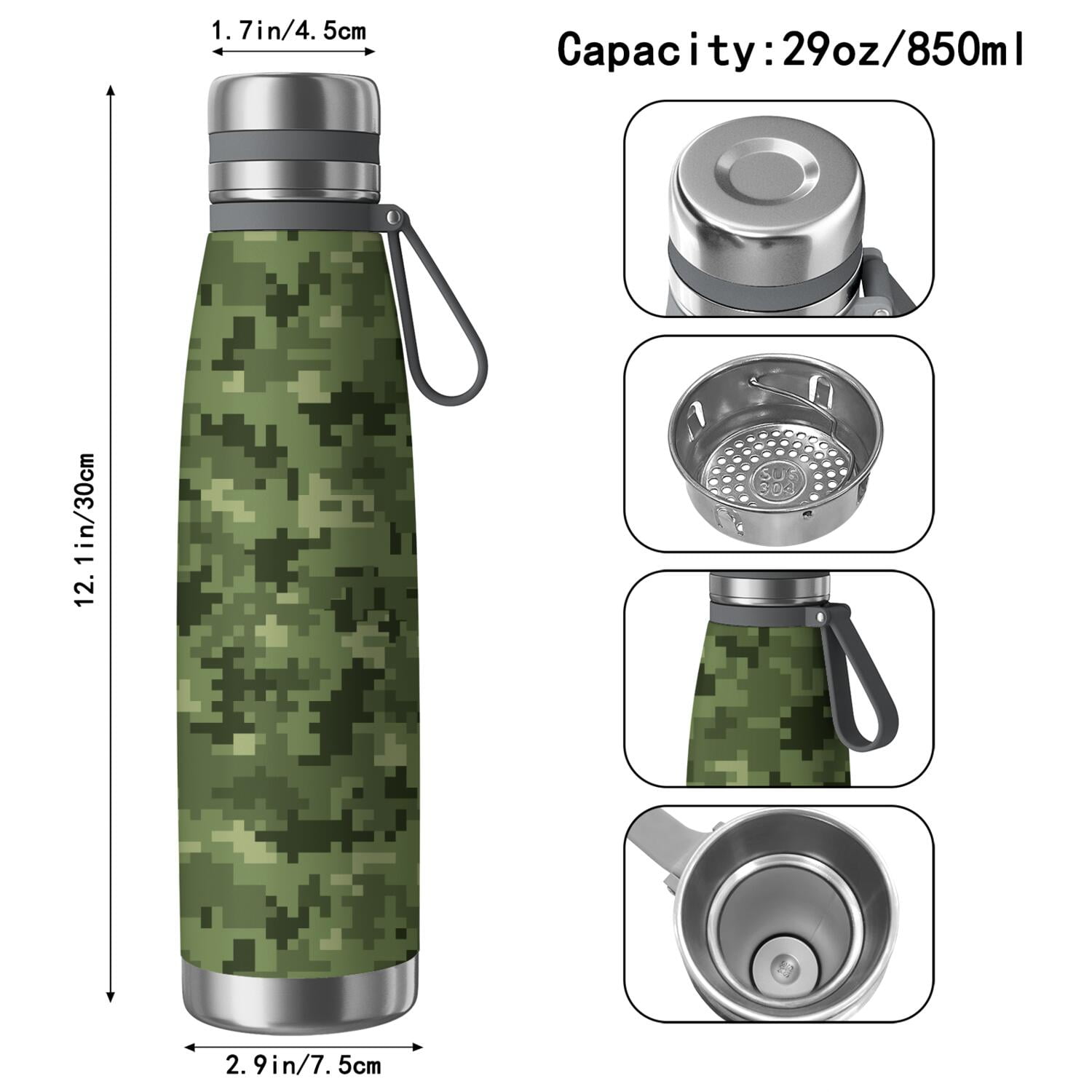 29oz Insulated Water Bottle with Tea Infuser, Stainless Steel Travel Mug, Camouflage Print