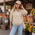 thumbnail image 6 of Womens Fall Zip Up Sweatshirts No Hood Oversized Casual Classic Long Sleeve Collar Full Zipper Jackets with Pockets Khaki S, 6 of 7