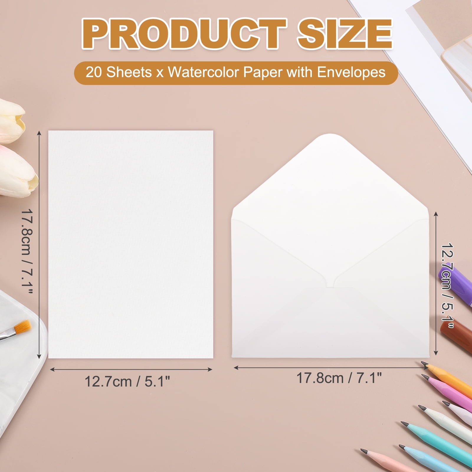 Uxcell 20 Set Watercolor Paper with Envelopes 7 x 5 Inch 140lb/300gsm Artist Painting Drawing Paper Cold Press Water Color Sheet with Beige Box for Sketchbook Journal (Straight Corner)