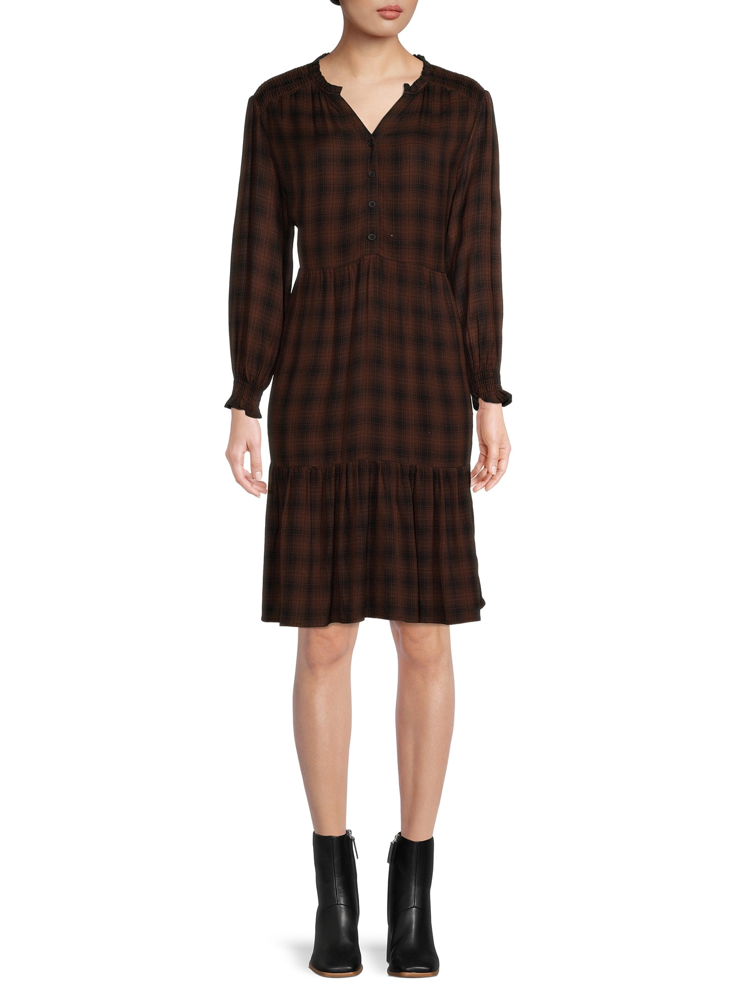 Blu White Blu Women's Smocked Shoulder Plaid Dress