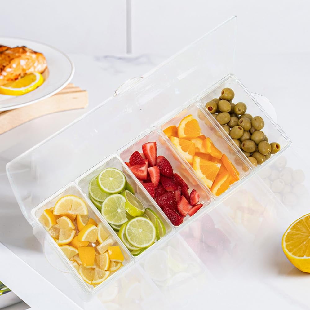 Chilled Condiment Server with Lids,Serving Trays,Condiment Caddy with 5 Containers,Ice Fruit Tray Platter for Bar Accessories,Salad,Taco,Party Garnish