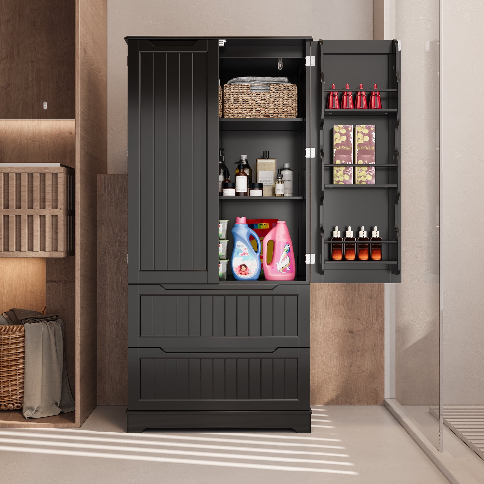 Pantry Cabinet, Lofka 63" Kitchen Pantry Storage Cabinet with Magnetic Doors and 9 Shelves, Black