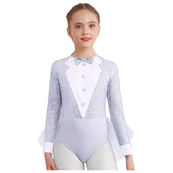 Miutii Kids Girls Sequins Tulle Skirted Leotard Long Sleeve Latin Jazz Ballet Dance Bodysuit Color Block Bodice White 6