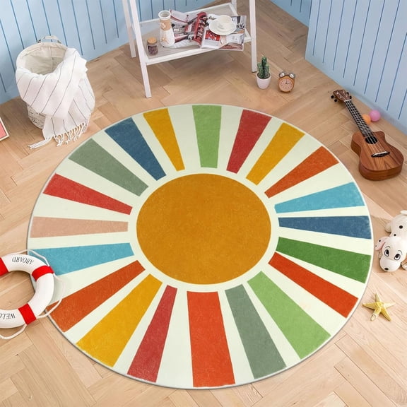 Voguly 4 Ft Washable Round Rug for Kids Room, Colorful Sun Rainbow Circle Carpet, Soft Non-Slip Playroom Mat for Bedroom, Dorm, Office, Nursery, Living Room