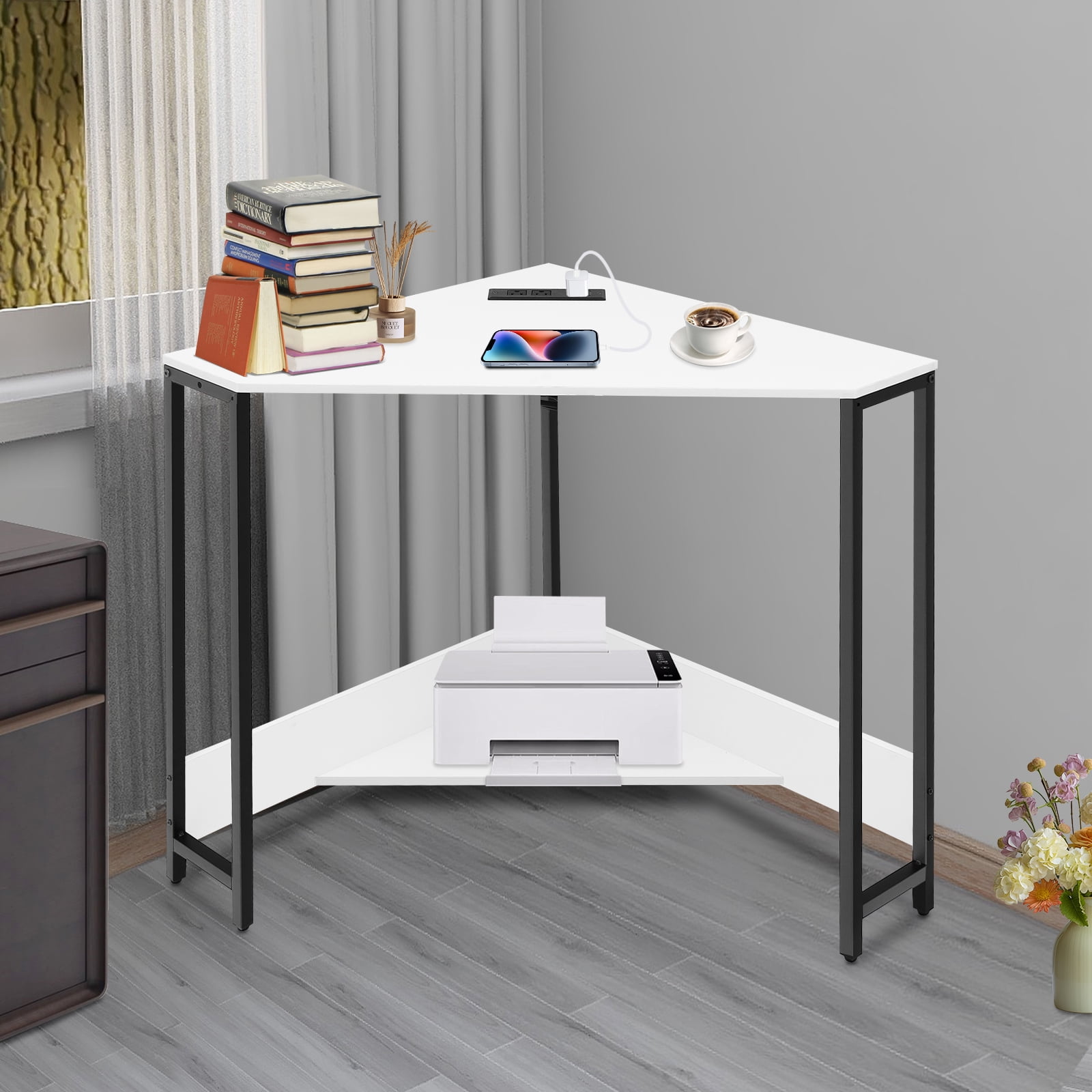 White Triangular Corner Desk Small Desk with Outlets Free Standing computer desk Corner Table for Small Space Office Student Dormitory Design Studio Game Room Study Room Modern Style