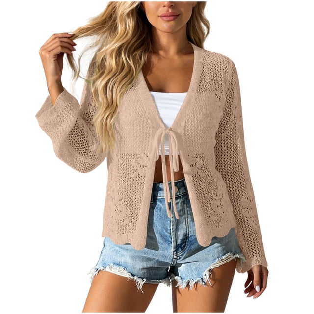 Mujeres de la Moda de la Playa Casual Color Sólido Hueco de Verano de Punto Cardigan Humo para la Primavera Y el Verano