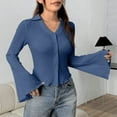 thumbnail image 2 of biudgviw Button Down Shirts for Women Slim Fit Bell Sleeve Blouses Lightweight Comfy Lapel V Neck Crop Tops Going Out Outfits, 2 of 5