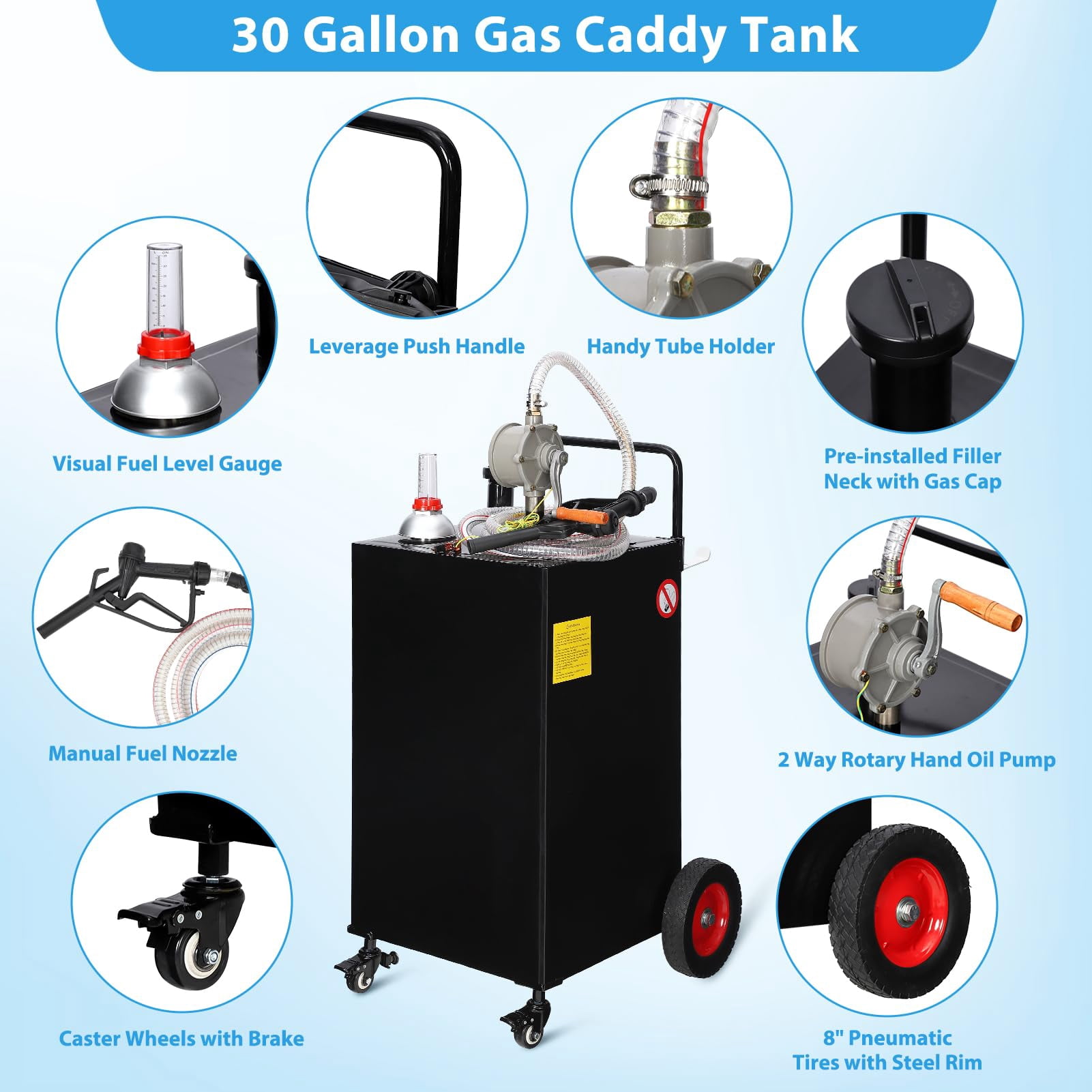 30 Gallon Fuel Caddy, Fuel Storage Tank on 4 Wheels, Portable Gas Caddy with Manual Transfer Pump, Gasoline Diesel Fuel Container for Cars, Lawn Mowers, ATVs, Boats, More