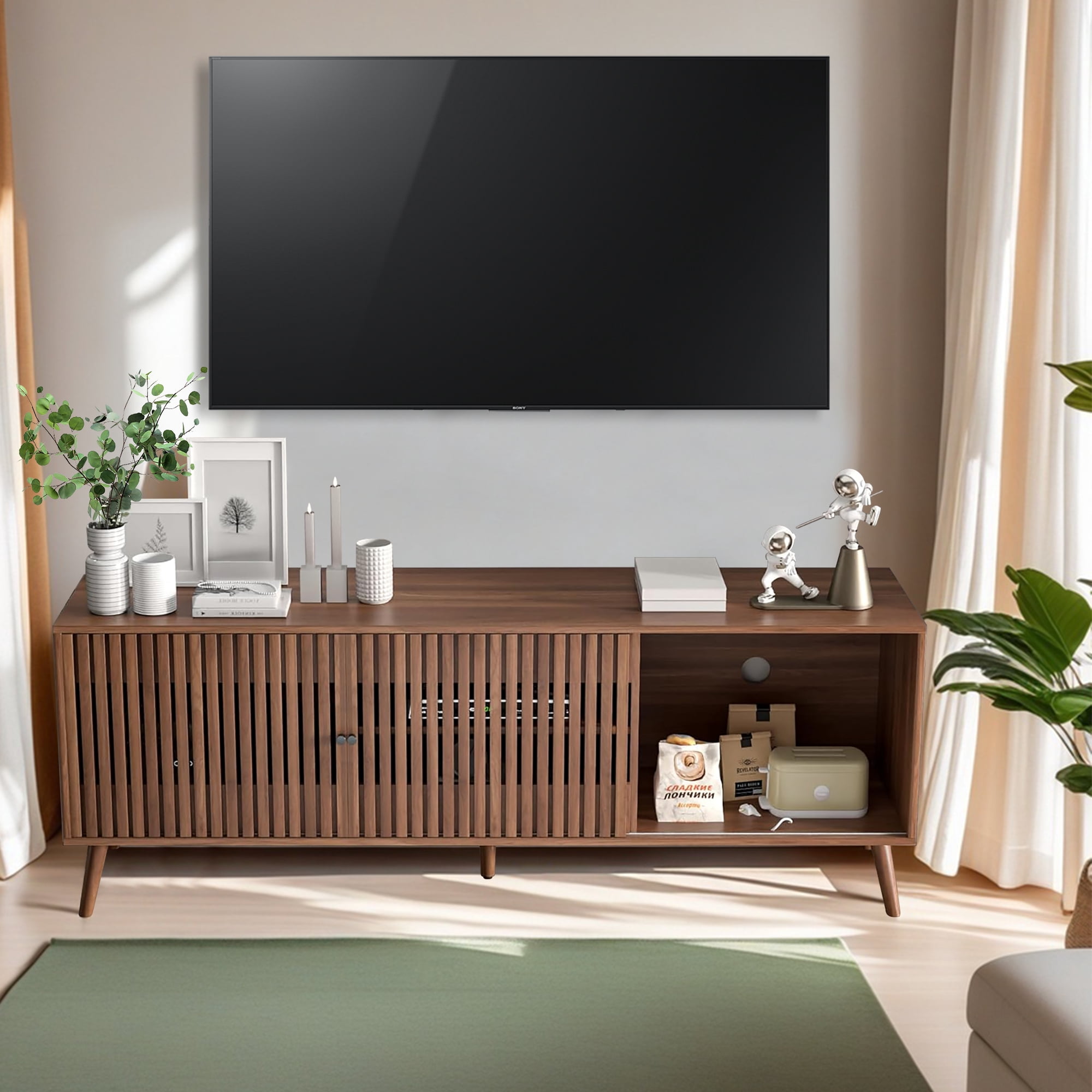 Lisicue Mid-Century Modern TV Stand for TVs up to 70 Inches with Sliding Doors and Storage, Television Stands, TV Consoles, Media Consoles for Living Room Bedroom, Walnut
