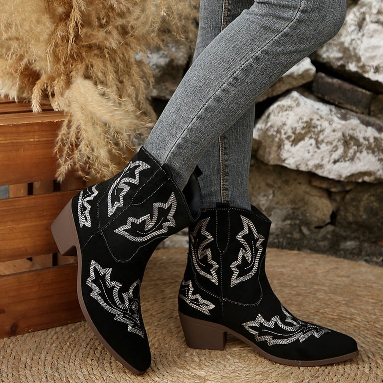 Oyedens Womens Retro Cowboy Boots Vintage Suede Embroidered Wide Mid Calf Cowgirl Boots Chunky Heel Slip on Short Dress Booties for Winter Fall Black