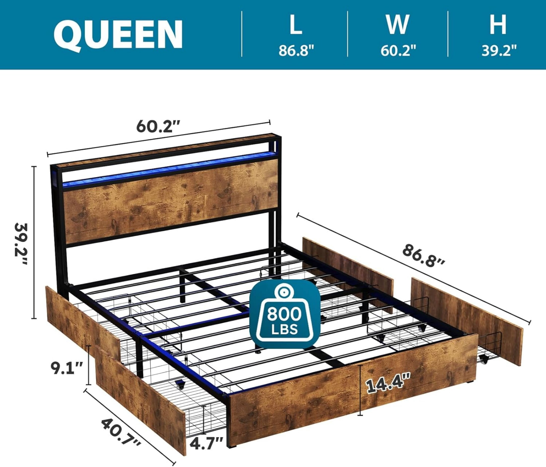 AENKYO Queen Size Bed Frame with LED Lights and Charging Station, Bed with 4 Drawers, Rustic Brown