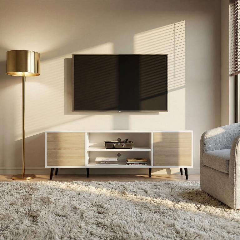 Vineego TV Stand for 65 Inch TV with 2 Push-to-Open Doors, Mid-Century Modern Media Console with Open Shelves, Entertainment Center for Living Room Bedroom, Beige & White