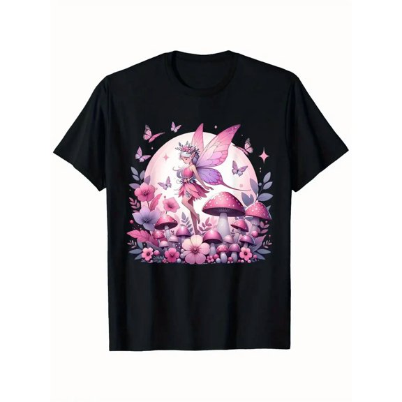 100% cotton tshirts men tee Enchanted Forest Fairy T-Shirt with Mystical Butterflies & Floral Design, Unisex Cotton Casual Round Neck Tee for All Seasons,