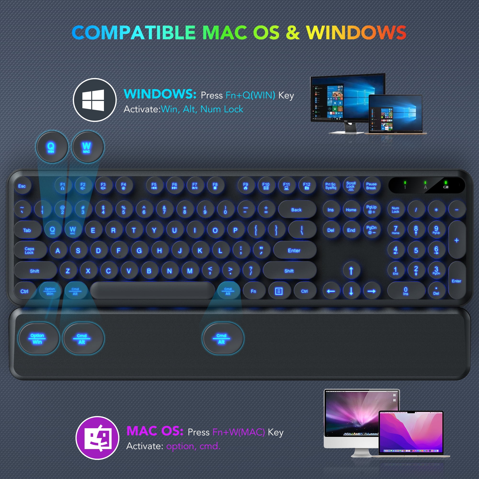 Wagpak Wireless Keyboard and Mouse Backlit - Retro Round Keycaps, Detachable Wrist Rest, Black, New, 1 Count