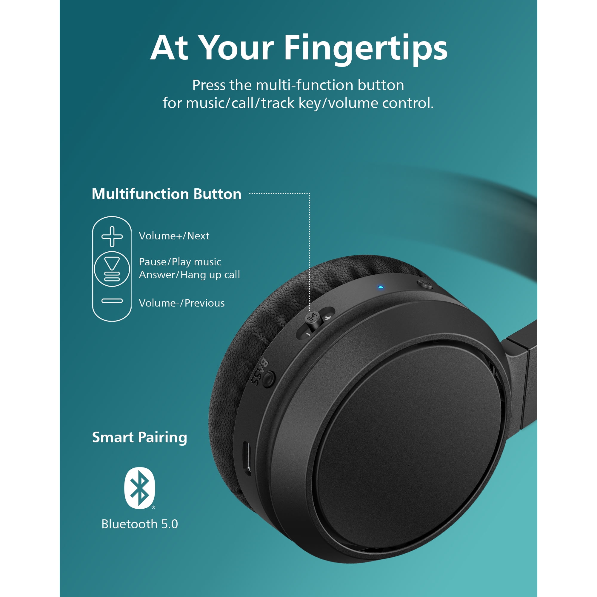 Philips H4205 on-Ear Wireless Headphones with 32mm Drivers and BASS Boost on Demand, Black