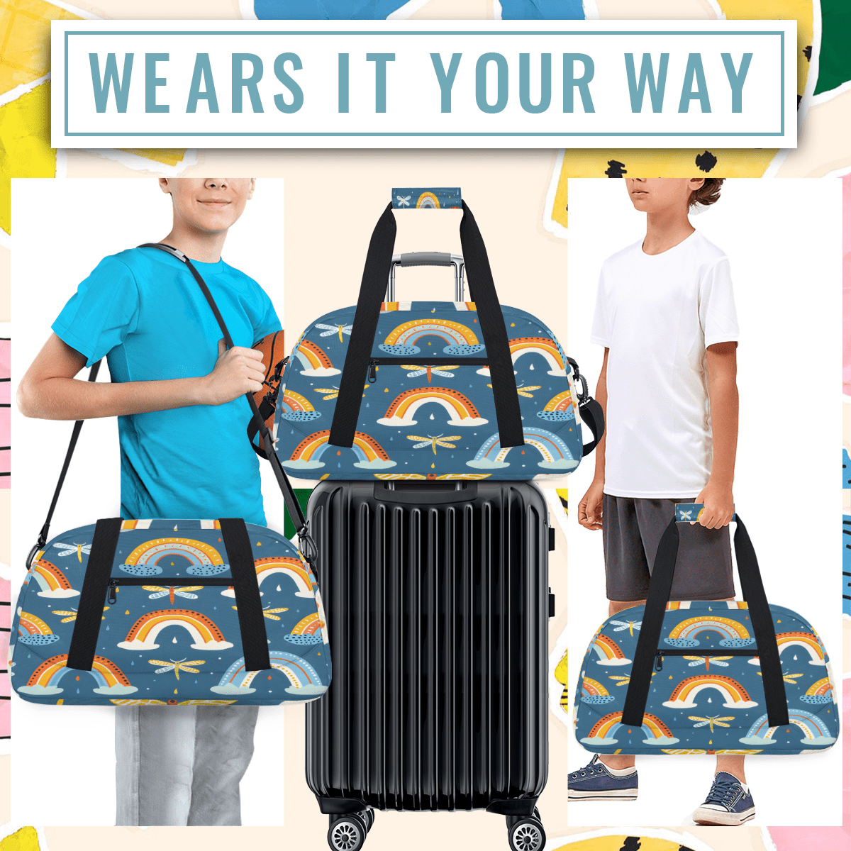 Herdesigns Dragonfly Sports Duffle Bag for Women & Men, Cute Rainbow Gym Bag Dance Bag Overnight Bag Carry On Weekender Travel Bag