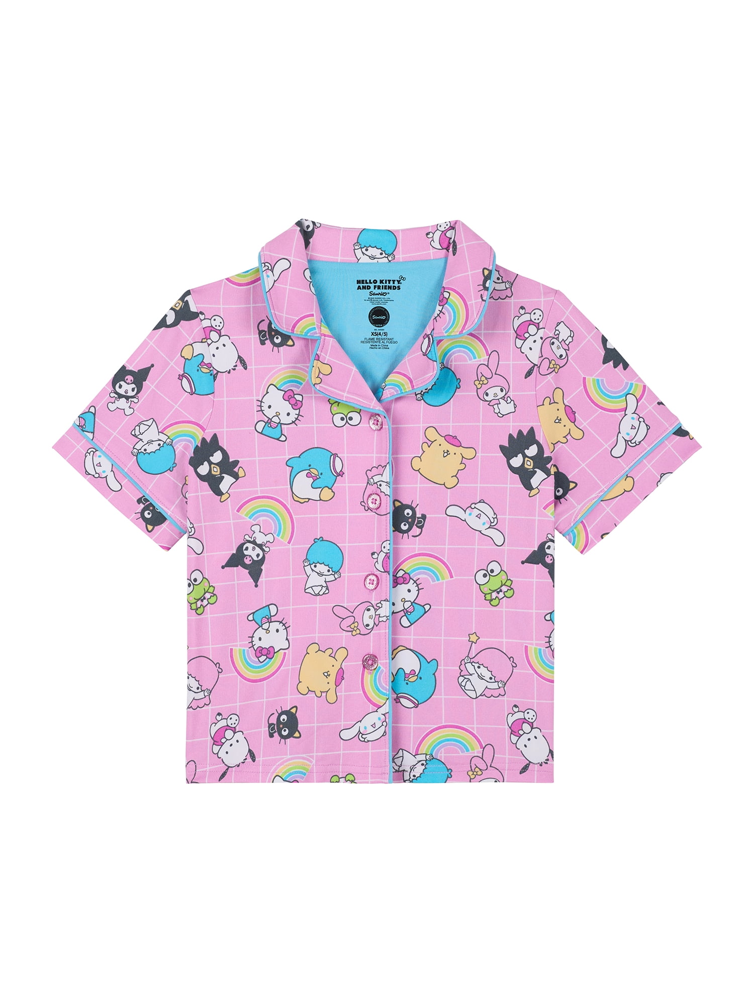 Hello Kitty and Friends Girls Button Front Top and Shorts Pajama Set, 2-Piece, Sizes 4-12