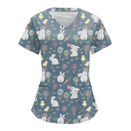 

Women Scrubs Top Cartoon Printed Short Sleeve V-Neck Workwear Uniform Nurses Clothing Top Blouse With Pockets Ladies Dailywear