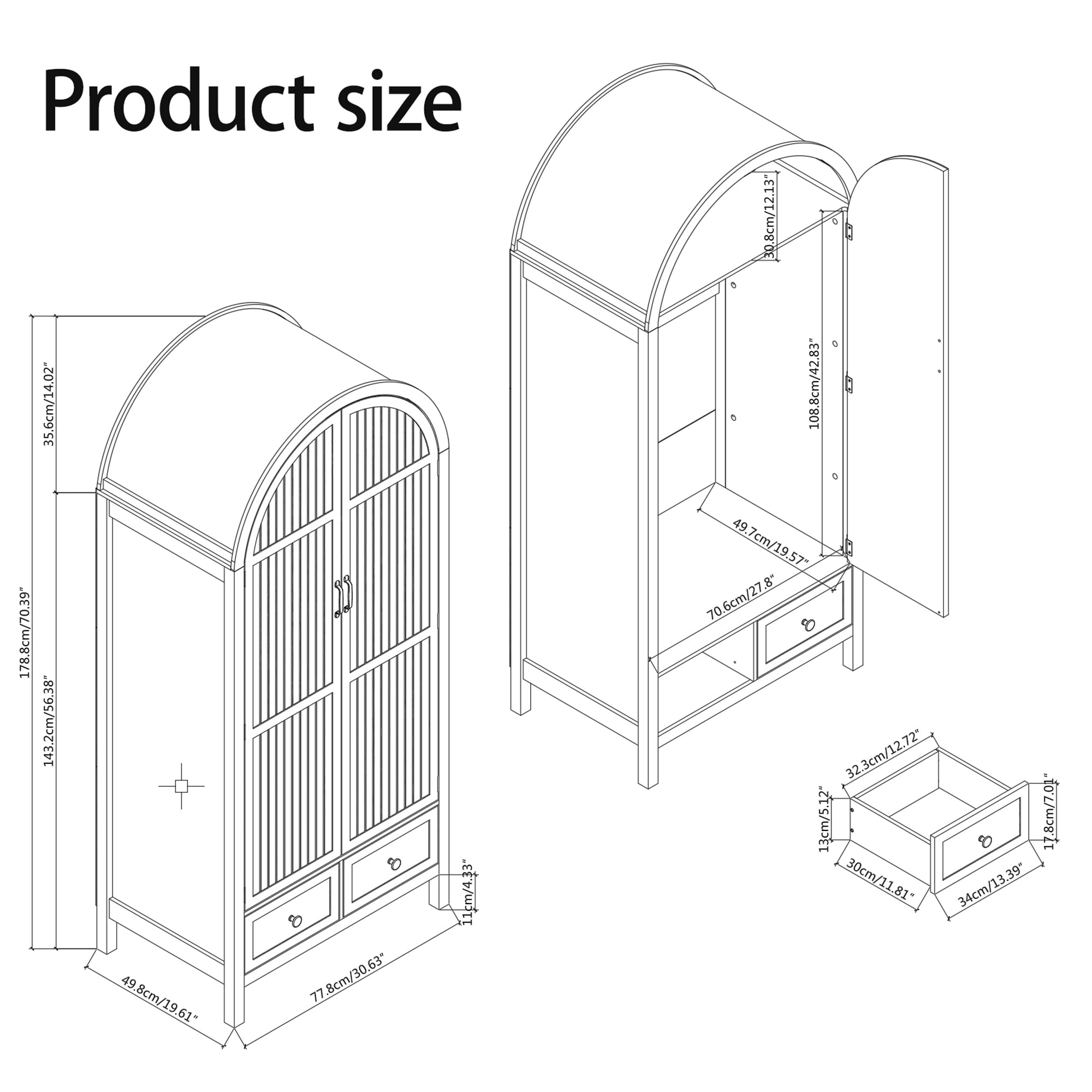 Oubayajia Arched Armoire Wardrobe Closet with Fluted Doors, Wooden Wardrobe Closet with Drawers, Shelves and Hanging Rod for Bedroom