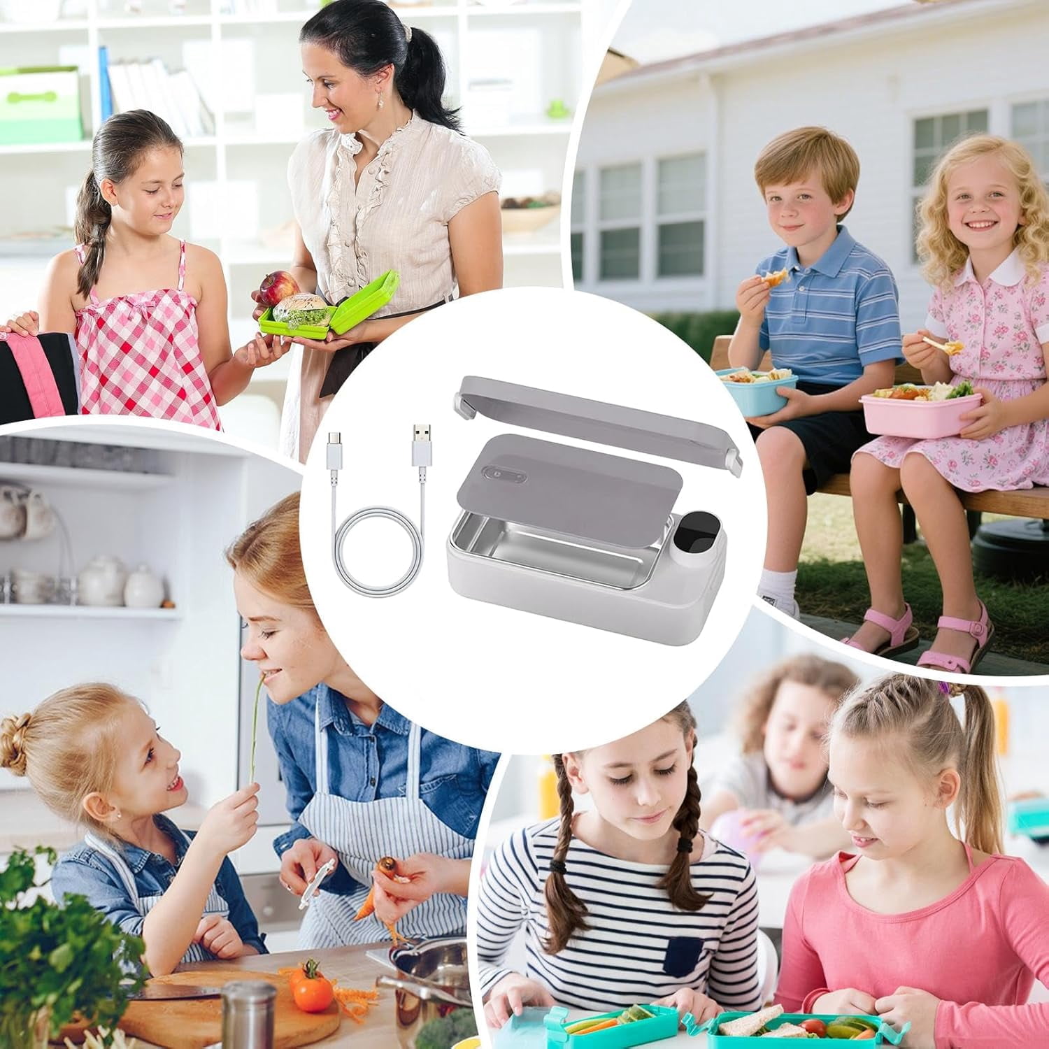 Rechargeable Self-Heating Lunch Box, 900ml/30oz Bento Box, 4 Temperature Control, 7200mAh Portable Food Warmer, Stainless Steel Inner Container, Heated Lunch Container for Office, Travel, Car