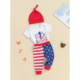 thumbnail image 3 of Jxzom 4th of July Baby Boy Outfits 0 3 6 12 Months Letter Star Print Short Sleeve Romper Striped Pants Hat Independence Day Set, 3 of 8