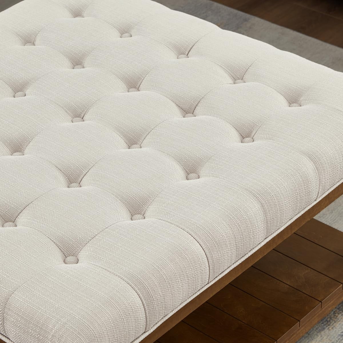 ODUWA Coffee Table Ottoman with Storage Shelf, Tufted Upholstered Footrest Stool, Solid Wood Base Accent Table for Living Room